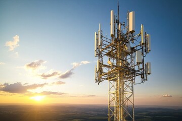 Modern metal telecommunications tower with multiple antennas under a sunset sky, creating a peaceful and serene atmosphere