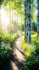 Fototapeta premium Sunbeams dance through the verdant forest, illuminating a winding path