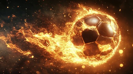 Flames engulf a soccer ball in mid-flight, creating a stunning visual of power and speed, with glowing sparks illuminating its path.