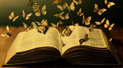 Enchanting Open Book with Butterflies in Flight: A Symbol of Imagination and Freedom