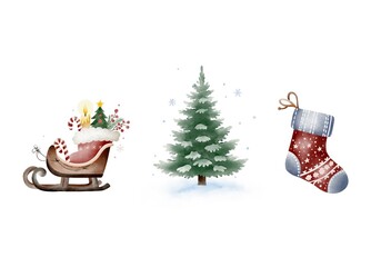 Watercolor Christmas stocking, sled and tree isolated on snowflakes and snow background.