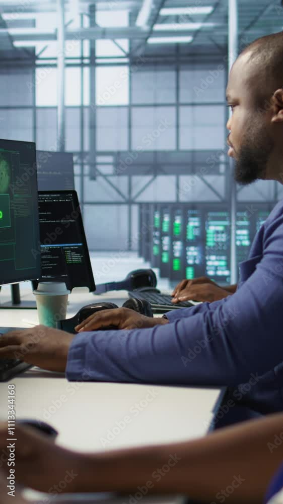 Poster vertical video satisfied server hub programmer pleased after installing cybersecurity framework, see