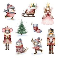 Christmas set, set of elements. Holiday animals, nutcracker, princess, mouse. New Year tree and toys.