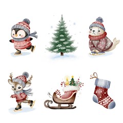Christmas set, set of elements. Holiday animals, nutcracker, princess, mouse. New Year tree and toys.
