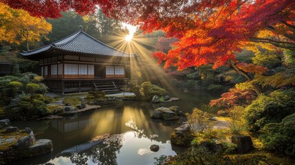 Serene Autumn Temple Garden Sunbeams Illuminate Peaceful Scene