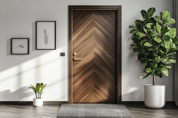 Modern Entrance Door with Glass Panel, Dark Wood, Gold Handle, Potted Plant, Striped Rug, Minimalist Interior Concept