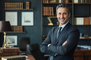 Fototapeta premium Confident lawyer posing in a well-appointed law office with books and decor. Generative AI