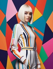 Fashion portrait of a stylish woman in a colorful geometric backdrop showcasing modern design
