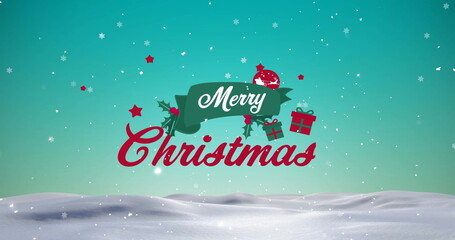 Image of merry christmas text and snow falling over winter scenery