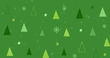 Image of snow falling over christmas trees on green background