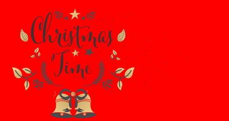 Image of christmas time text over fireworks on red background