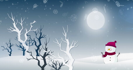 Image of christmas snowflakes falling over snowman and winter landscape