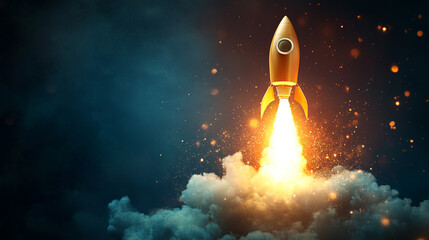 glowing light bulb shaped like a rocket launches upward symbolizing innovation creativity business growth success and forward thinking set against a vibrant gradient background