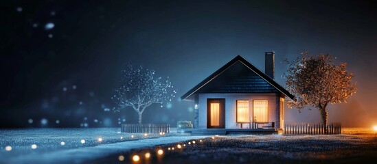 Charming two-story wooden house with modern elegance, surrounded by trees and bathed in peaceful blue light