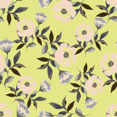 Small colorful flowers and brown flowers, hand drawn. Seamless on a light yellow background. Designed for fabric, fashion, textiles, wallpaper,