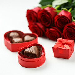 A romantic Valentine's Day setting featuring red roses, heart-shaped chocolates and gift box on light background. valentine day poster mockup.