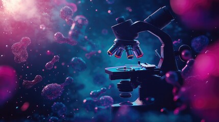 Futuristic Microscope in Neon Lights with Microscopic Life Forms