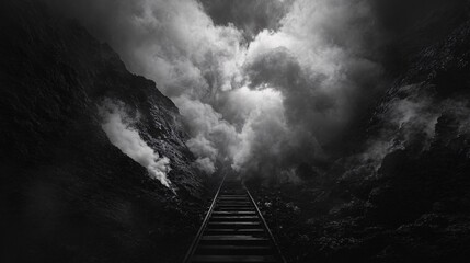 Fototapeta premium A dark, smoke-filled pathway leading downward into a hellish world of fire and brimstone, with a white backdrop