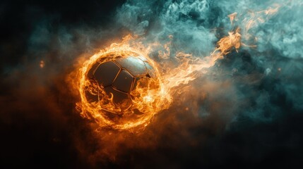 Smoke trails follow a flaming soccer ball, creating a visually intense image against a dark and dynamic backdrop.