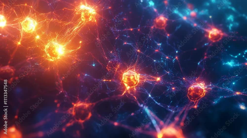 Poster simulating how nerve signals work, the blue and orange background has many red and orange dots. the 
