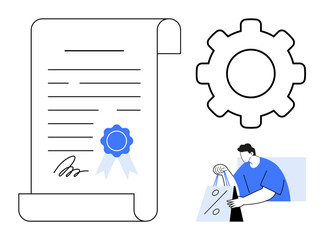 Contract with blue seal and signature, gear icon, person holding percent shopping bag. Ideal for business agreements, certifications, retail, sales, commerce, operational efficiency partnerships