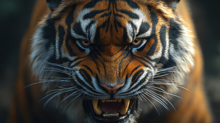 Obraz premium Fierce close up of angry tiger face, showcasing intense eyes and sharp teeth, embodying power and wildness