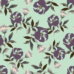 Small colorful flowers and brown flowers, hand drawn. Seamless on a light yellow background. Designed for fabric, fashion, textiles, wallpaper,