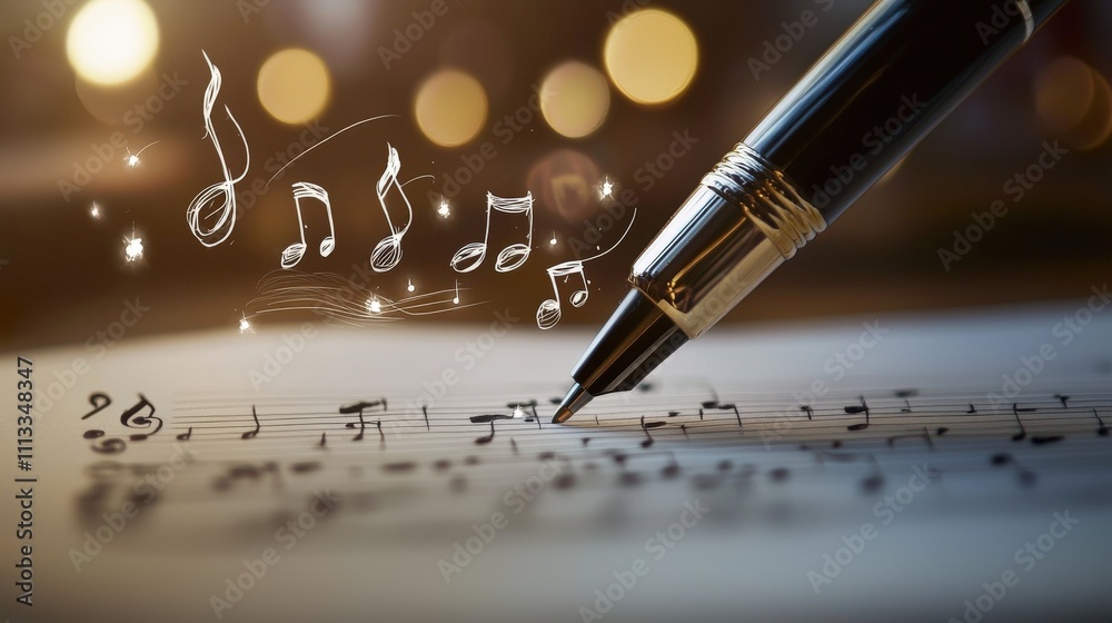 Aufkleber ink flowing music notes a close-up pen sketching on paper in a creative workspace capturing artistic