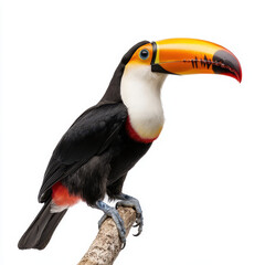 Colorful toucan perched confidently on branch against white background