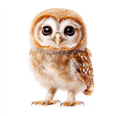 Naklejka premium curious baby owl standing upright on white background, showcasing its fluffy feathers and large