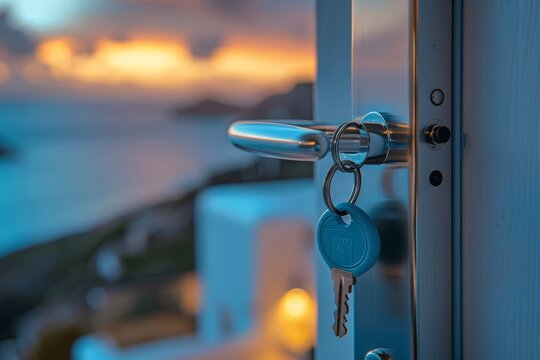 Open door with key to beachfront relaxation area in modern apartment with panoramic sea view, luxury vacation rental or overseas property purchase, tranquil holiday villa on ocean coast