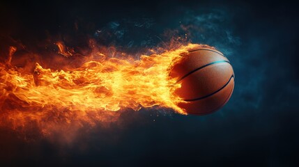 The power of the game captured in a basketball ablaze with fire, streaking through the air and leaving room for text.