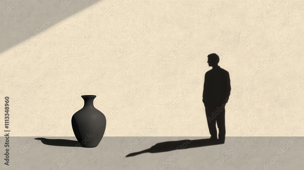 Poster minimalist composition of a vase casting shadow in an artistic setting simple aesthetic indoor space