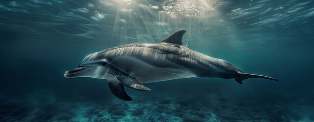 Fototapeta premium Dolphin Swimming Underwater with Sunbeams and Bubbles in Deep Blue Ocean