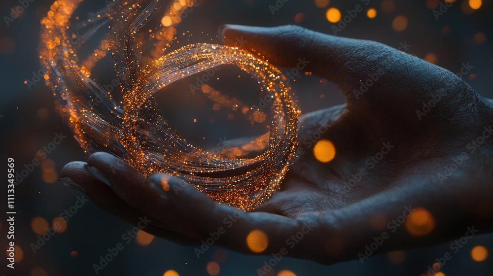 Poster Surreal hand threading sparkling ribbon enchanted forest digital art dreamlike atmosphere close-up view fantasy concept