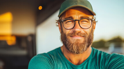 Happy man smiling outdoors in the golden hour light. He's wearing glasses and a teal shirt.