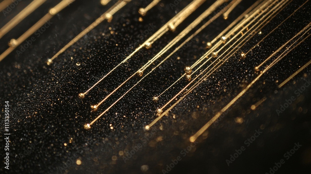 Poster Dynamic metallic pins aligned to create shimmering patterns close-up abstract art dark background artistic viewpoint