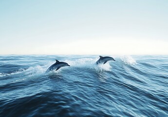 Fototapeta premium Two Dolphins Leap Joyfully Over Ocean Waves