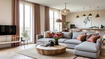 Obraz premium The living area features stylish furnishings, parquet flooring, and a contemporary design.