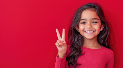 Happy smiling girl making peace sign against red background, showcasing joy and positivity