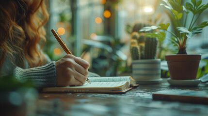 Obraz premium Close-Up of Hand Writing Notes in Journal with Pen and Workspace Background