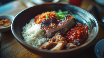 Delicious Asian-style bowl with rice, meat, kimchi, and spicy sauce.