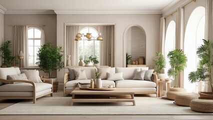 Interior of a Hampton-style living room with 3D render and frame