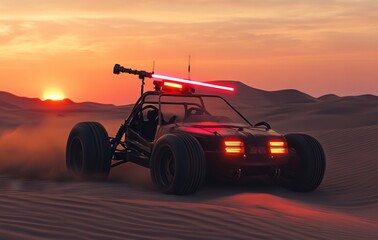 Dune Buggy with Lightsabers Driving Through Desert at Sunset. AI generated illustration