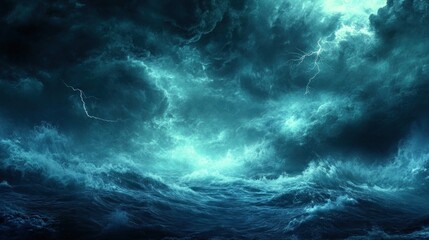 Dark Stormy Ocean Waves With Lightning