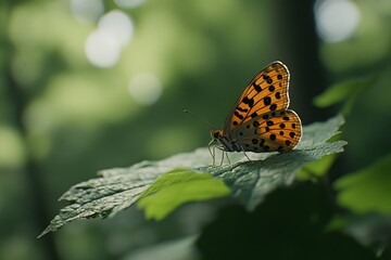 Obraz premium Close-up of a Butterfly on a Green Leaf in the Forest. AI generated illustration