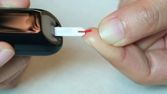 woman's hands checking diabetes and hyperglycemia with digital blood sugar meter. Healthcare and medical concept	