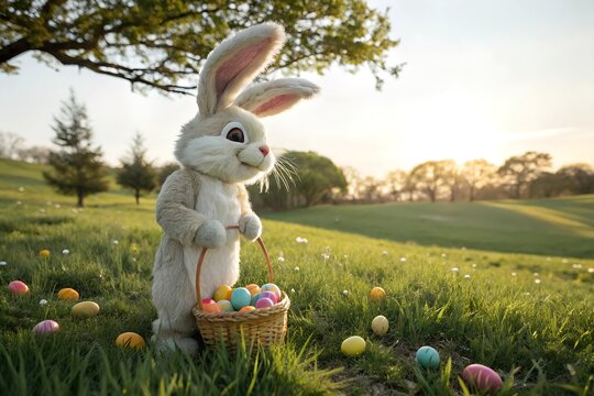 Easter bunny rabbit mascot carrying basket full of colorful eggs in a field during sunset, spring holiday celebration concept - Powered by Adobe