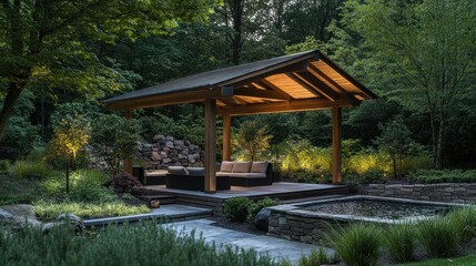 Naklejka premium Tranquil Evening Garden Pavilion With Seating Area