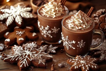 Hot Chocolate with Whipped Cream and Cinnamon in Glass Mugs. AI generated illustration